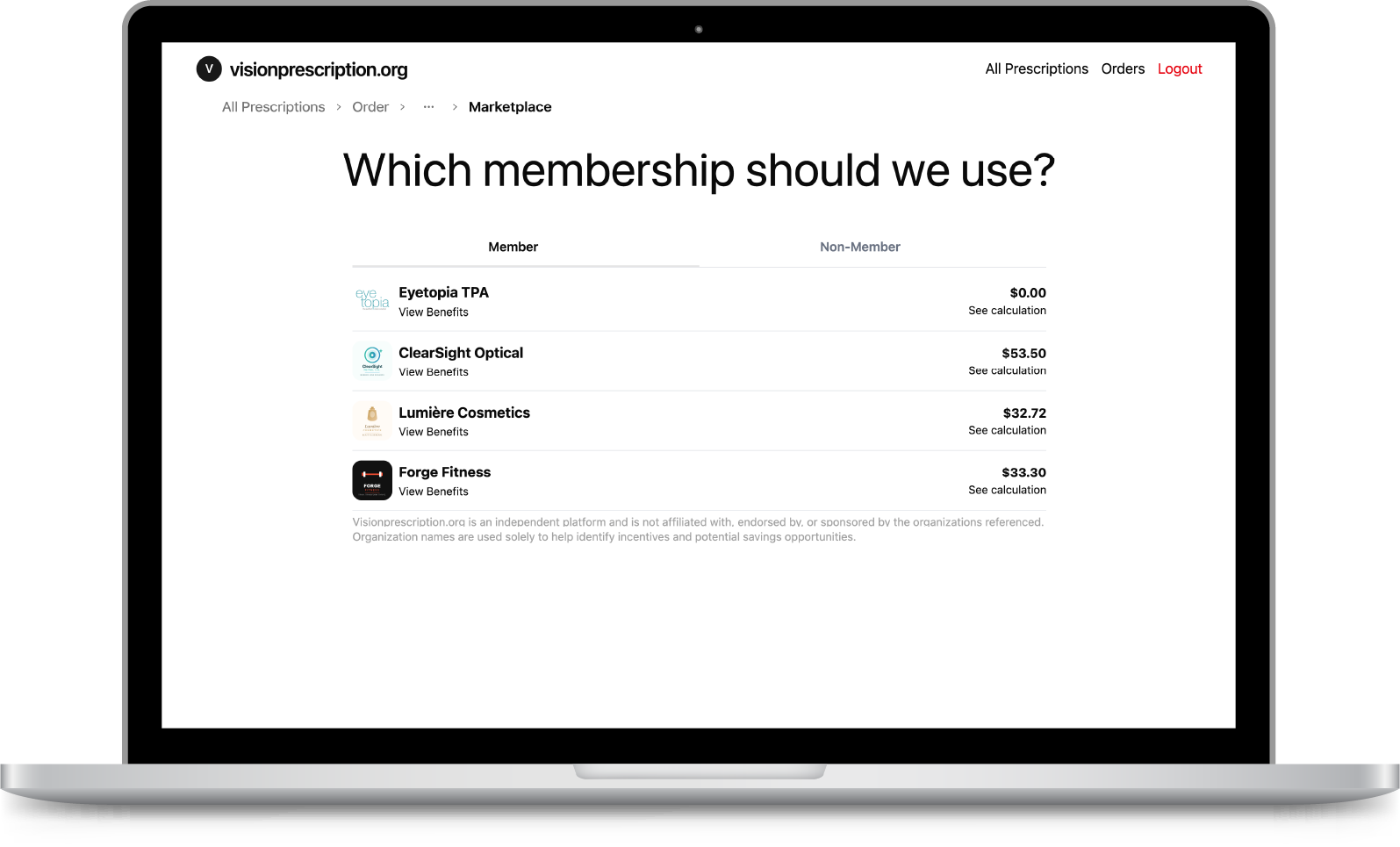 A patient choosing between organization offers on visionprescription.org
